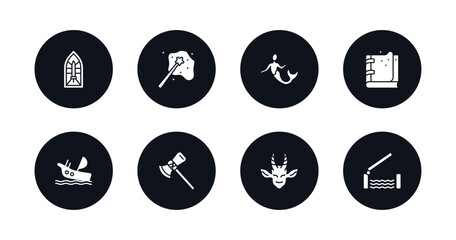 symbol for mobile filled icons set. filled icons such as stained glass, enchantment, merman, spellbook, shipwreck, thor, faun, drawbridge vector.