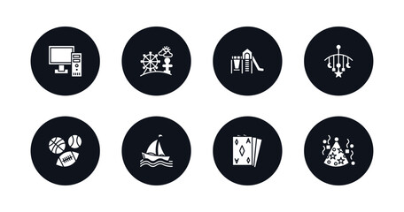 symbol for mobile filled icons set. filled icons such as pc, amusement park, playground, childhood, sports ball, sailing boat, ace of diamonds, party hat vector.
