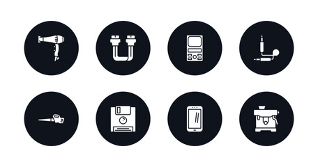 symbol for mobile filled icons set. filled icons such as blow dryer, sata, weighing, sound cable, leaf blower, floppy, cell phone, espresso maker vector.