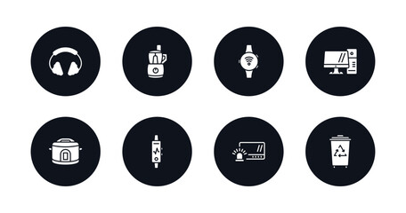 symbol for mobile filled icons set. filled icons such as earphones, food processor, smartband, personal computer, crock-pot, activity tracker, burglar alarm, trash compactor vector.