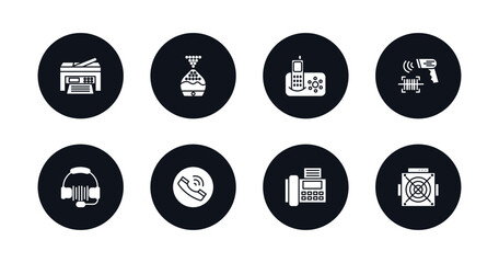 symbol for mobile filled icons set. filled icons such as printer, humidifier, answering hine, barcode scanner, headphones, telephone, fax, asic miner vector.