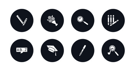 symbol for mobile filled icons set. filled icons such as school material, bouquet, magnifying glass, crayon, alphabet, graduation hat, pen, sherlock holmes vector.
