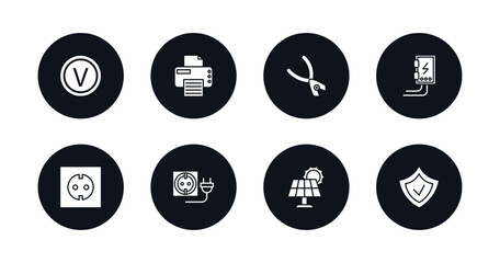 symbol for mobile filled icons set. filled icons such as voltmeter, print, pliers, fuse box, socket, wall socket, solar panel, security vector.