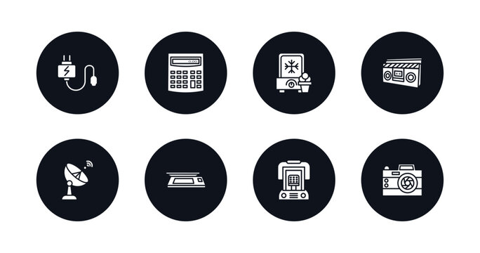 symbol for mobile filled icons set. filled icons such as charger, calculator, ice cream maker, boombox, satellite dish, scanner, heater, photo camera vector.