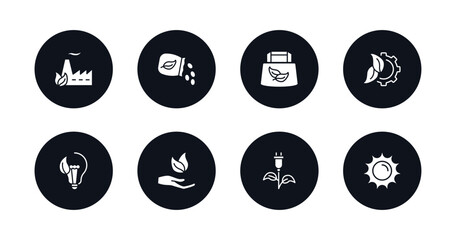 symbol for mobile filled icons set. filled icons such as eco factory, seeds, eco bag, eco industry, bulb, natural product, green energy source, sunlight vector.