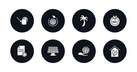 symbol for mobile filled icons set. filled icons such as watering can, eco, coconut tree, 100 % natural badge, recycled paper, solar energy, globe on hand, green house vector.