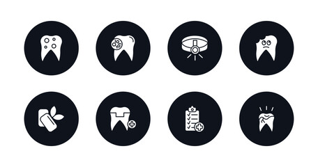 symbol for mobile filled icons set. filled icons such as bicuspid, bacteria in mouth, headlamp, cavities, mint gum, molar crown, health report, broken tooth vector.