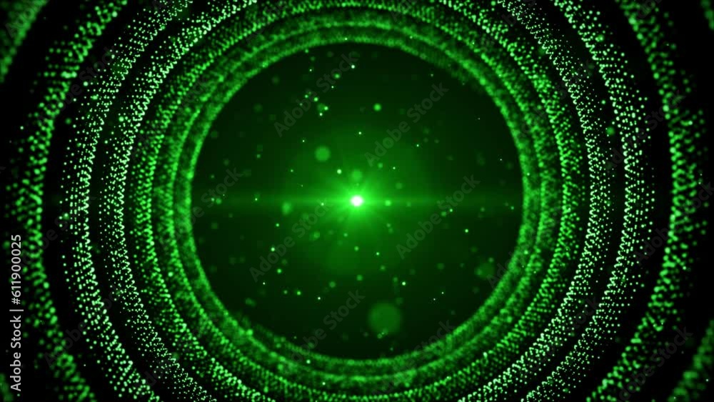 Poster abstract space motion view green shiny blurry focus circular tunnel layered plane dots with glitter 