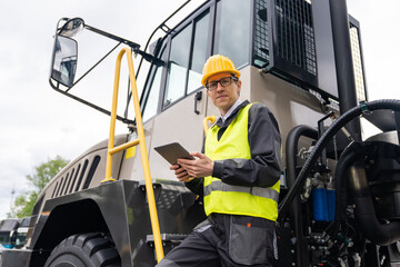 Engineer with tablet computer stands on the stairs to the cab of a truck	