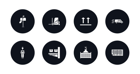 symbol for mobile filled icons set. filled icons such as postbox, forklift, side up, delivery by car, delivery man, delivery x ray, container hanging, bar code vector.