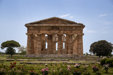 Paestum Archaeological Park. beautiful historical ruins of temples from Roman times, Campania,...