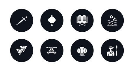 symbol for mobile filled icons set. filled icons such as scimitar, paper lantern, quran book, tuscany, bolo de fuba, trebuchet, chinese lantern, native vector.