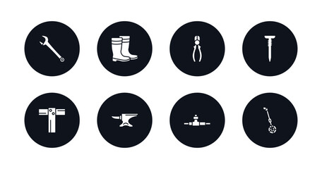 symbol for mobile filled icons set. filled icons such as repair wrench, rubber boots, repair pliers, nail, boning rod, anvil, plumbing pipes, measuring wheel vector.