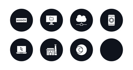 symbol for mobile filled icons set. filled icons such as 3d printing pen, dvd drive, computer folder, cloud network, tablet data tings, open laptop on, industrial, circular de vector.