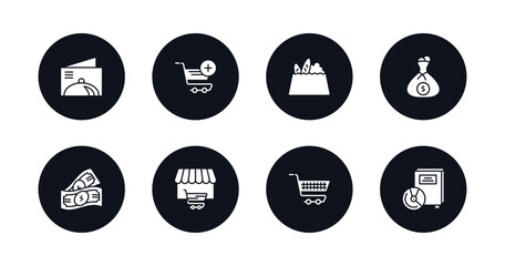 symbol for mobile filled icons set. filled icons such as restaurant card, add to cart, grocery, full money bag, american dollar, shopping store, supermarket cart, book with dvd vector.