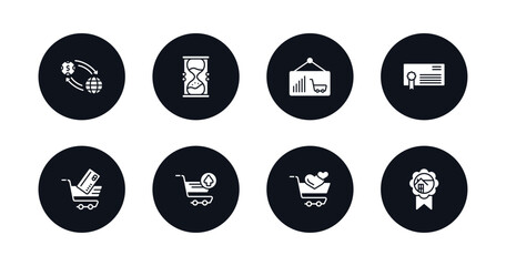 symbol for mobile filled icons set. filled icons such as trading, hourglass countdown, graph frame, certification file, tools cart, take out from the cart, solidarity purchase, house badge vector.