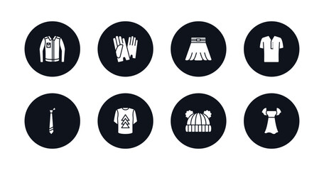 symbol for mobile filled icons set. filled icons such as denim jacket, leather gloves, circle skirt, henley shirt, tie, t shirt with de, knit hat with pom pom, chiffon dress vector.