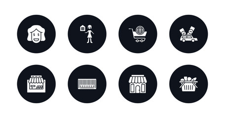 symbol for mobile filled icons set. filled icons such as rich smile, woman with mortgage, online store cart, buy a car, grocery store, barscode with zeros, front store with awning, basket full