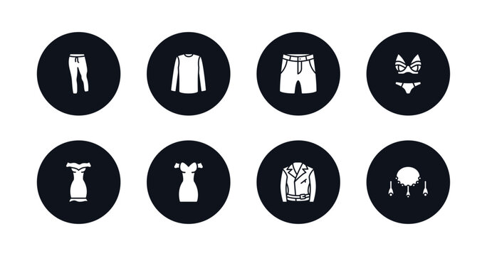 symbol for mobile filled icons set. filled icons such as sweatpants, long sleeves t shirt, chino shorts, lingerine, off the shoulder dress, drees, leather biker jacket, jewelry vector.