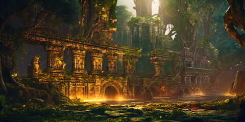 Ancient Temple in a Jungle, fictional landscape made with generative ai