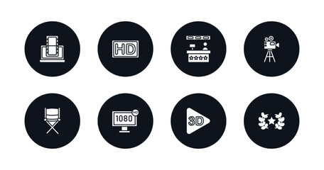 symbol for mobile filled icons set. filled icons such as laptop with film strip, hd, cinema snack bar, old projector, director film chair, 1080p hd tv, 3d video, movie award vector.