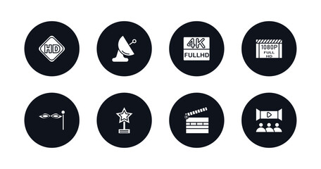 symbol for mobile filled icons set. filled icons such as hd video, satellite tv dish, 4k fullhd, 1080p full hd, small carnival mask, star movie award, cinema clapperboard, movie theater vector.