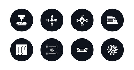 symbol for mobile filled icons set. filled icons such as car rear-view mirror, car wheel brace, car universal joint, brake light, gearbox, suspension, bumper, sprocket vector.