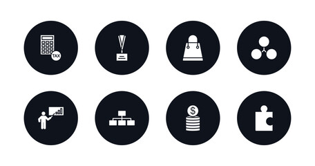 symbol for mobile filled icons set. filled icons such as tax calculate, lanyard, shopping bags, cooperate, graphic panel and man, hierarchy structure, dollar coins stack, puzzle game piece vector.