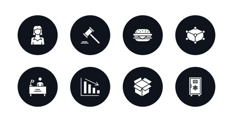 symbol for mobile filled icons set. filled icons such as businesswomen, punishment, basic burger, structure, director desk, deficit, empty box, big safe vector.