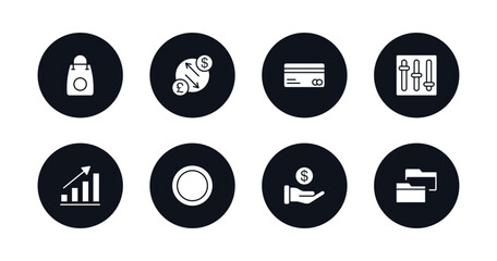 symbol for mobile filled icons set. filled icons such as supermarket bag, currency exchange, banking card, tones, statistical chart, full circle, finance, two folders vector.