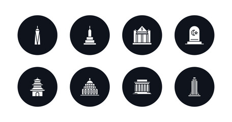 symbol for mobile filled icons set. filled icons such as world trade center, buddist cemetery, reserve bank, islamic cemetery, buddhist temple, capitol building, lincoln memorial, state building