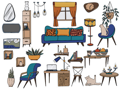 Vector interior of living room, hand drawn cartoon illustration. Doodles set of furnitures in mid century style.