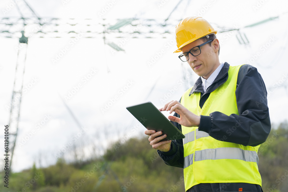 Poster Engineer with digital tablet on a background of power line tower.	