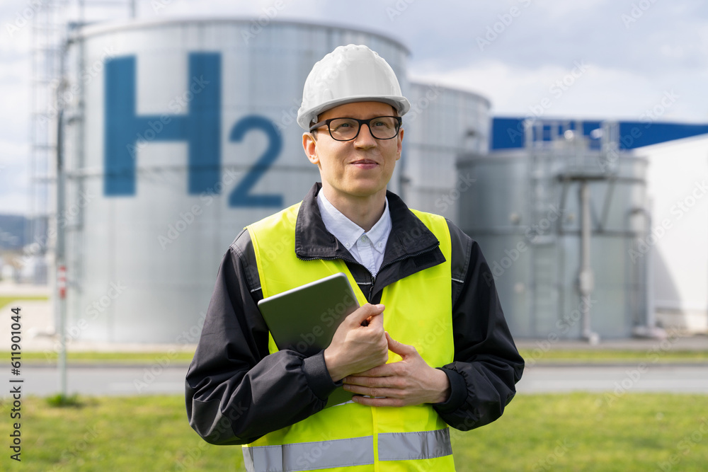 Poster engineer with tablet computer on a background of hydrogen factory.