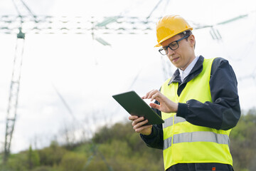 Engineer with digital tablet on a background of power line tower.	
