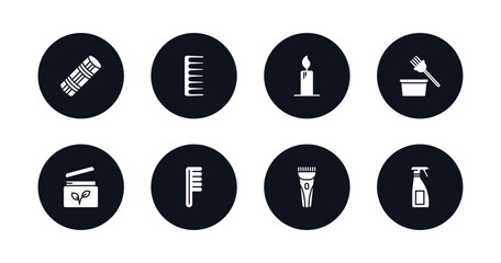 Fototapeta premium symbol for mobile filled icons set. filled icons such as foam curler, hairbrush, candle light, tint bowl, feet cream, one comb, hair razor, aplicator bottle vector.