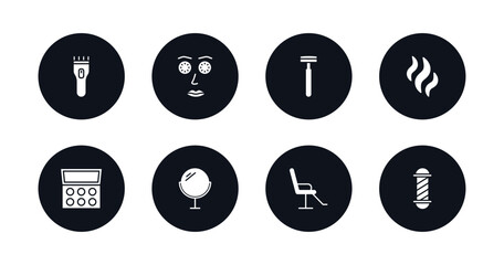 symbol for mobile filled icons set. filled icons such as hair clipper, cucumber slices on face, razor, aroma, eye shadow, makeup mirror, beauty salon chair, barber shop vector.