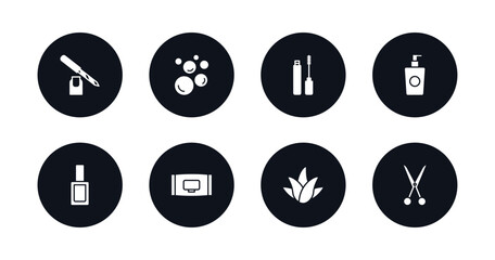 symbol for mobile filled icons set. filled icons such as pedicure, foam, mascara, liquid makeup, nail polish, wipes, aloe vera, hair scissors vector.