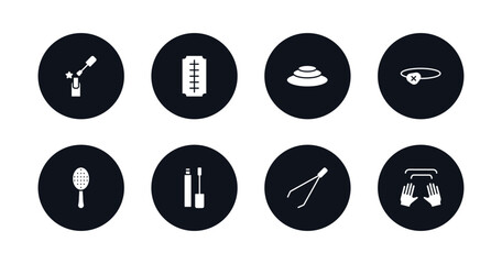 symbol for mobile filled icons set. filled icons such as manicure, big razor blade, three stones, eye patch, inclined hairbrush, concealer, tweezers, massage vector.