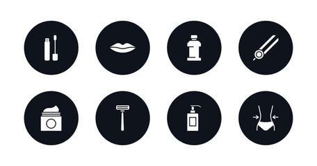 symbol for mobile filled icons set. filled icons such as lip gloss, woman lips, mouthwash, flat iron, moisturizer, disposable razor, shampoo bottle, women waist vector.