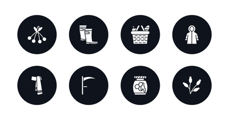symbol for mobile filled icons set. filled icons such as rowan, rain boots, picnic basket, raincoat, scarf, scythe, honey, rosa canina vector.