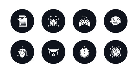 symbol for mobile filled icons set. filled icons such as xlsx, 3d, game control, technical support, robot, drone, velocity, users vector.