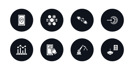symbol for mobile filled icons set. filled icons such as ip, hexagons, finger control, log in, value, touch screen, mechanical arm, geolocation vector.