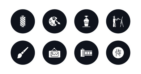symbol for mobile filled icons set. filled icons such as cylindrical lamp, artist color palette, fountain jar, painter painting, painting brush, picture in frame, photo film, kanji character vector.