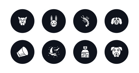 symbol for mobile filled icons set. filled icons such as pit bull, cute bunny head, grub, pekingese, elizabethan collar, moon and bats, pet shop, boxerhead vector.