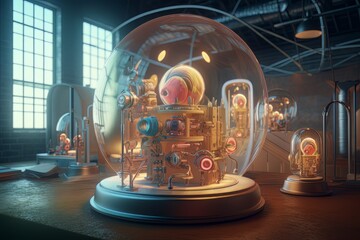 Snow globe in sci fi and cyberpunk style, surrealistic tech decor made with generative Ai