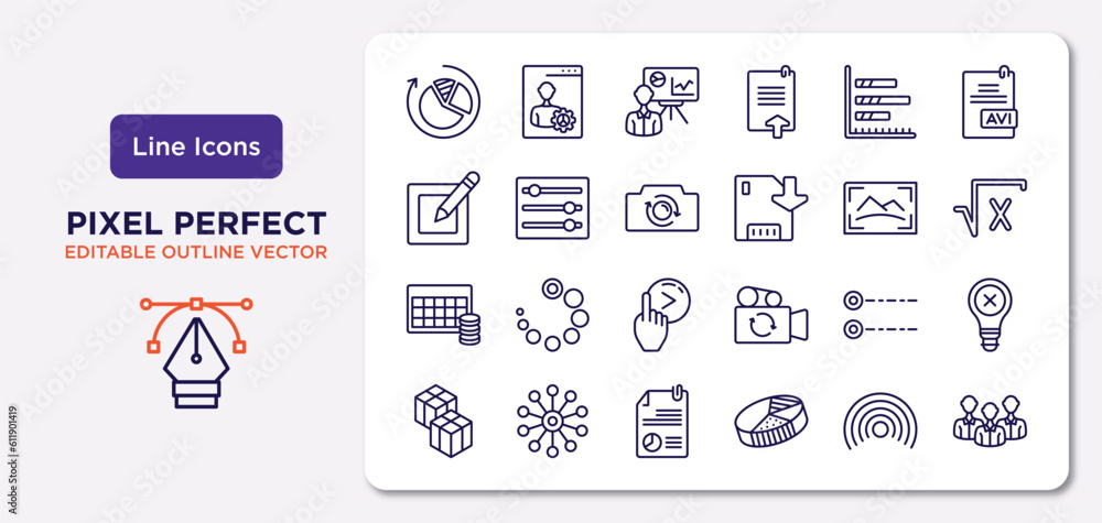 Aufkleber user interface outline icons set. thin line icons such as reload pie chart, bars chart page, switch 