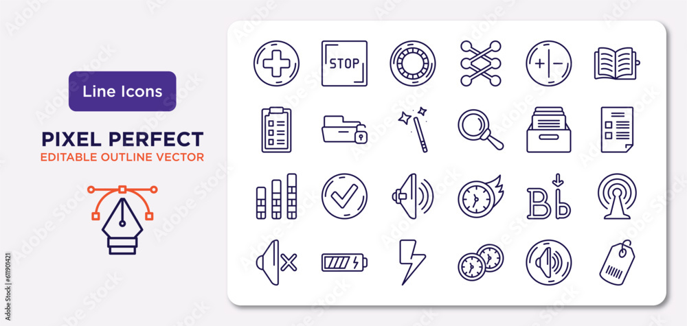 Poster user interface outline icons set. thin line icons such as round add button, white balance, magic wan