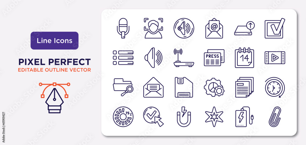 Poster user interface outline icons set. thin line icons such as record voice button, uploading from drive,