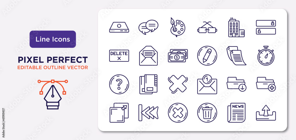Poster user interface outline icons set. thin line icons such as tiny power, offices, dollar bills stack, r
